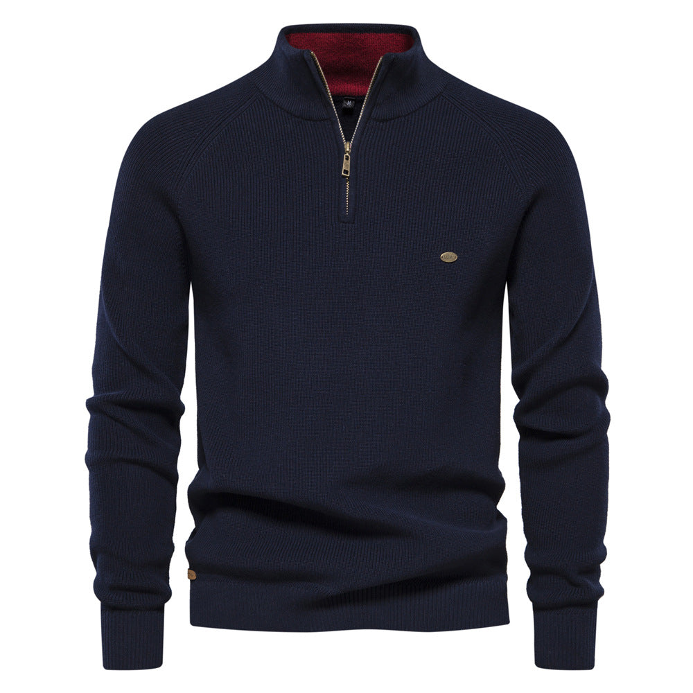 Men's Zipper Stand Collar Knitted Sweater Fashion Slim Solid Color Long Sleeve Half Turtleneck Top Men's Clothing