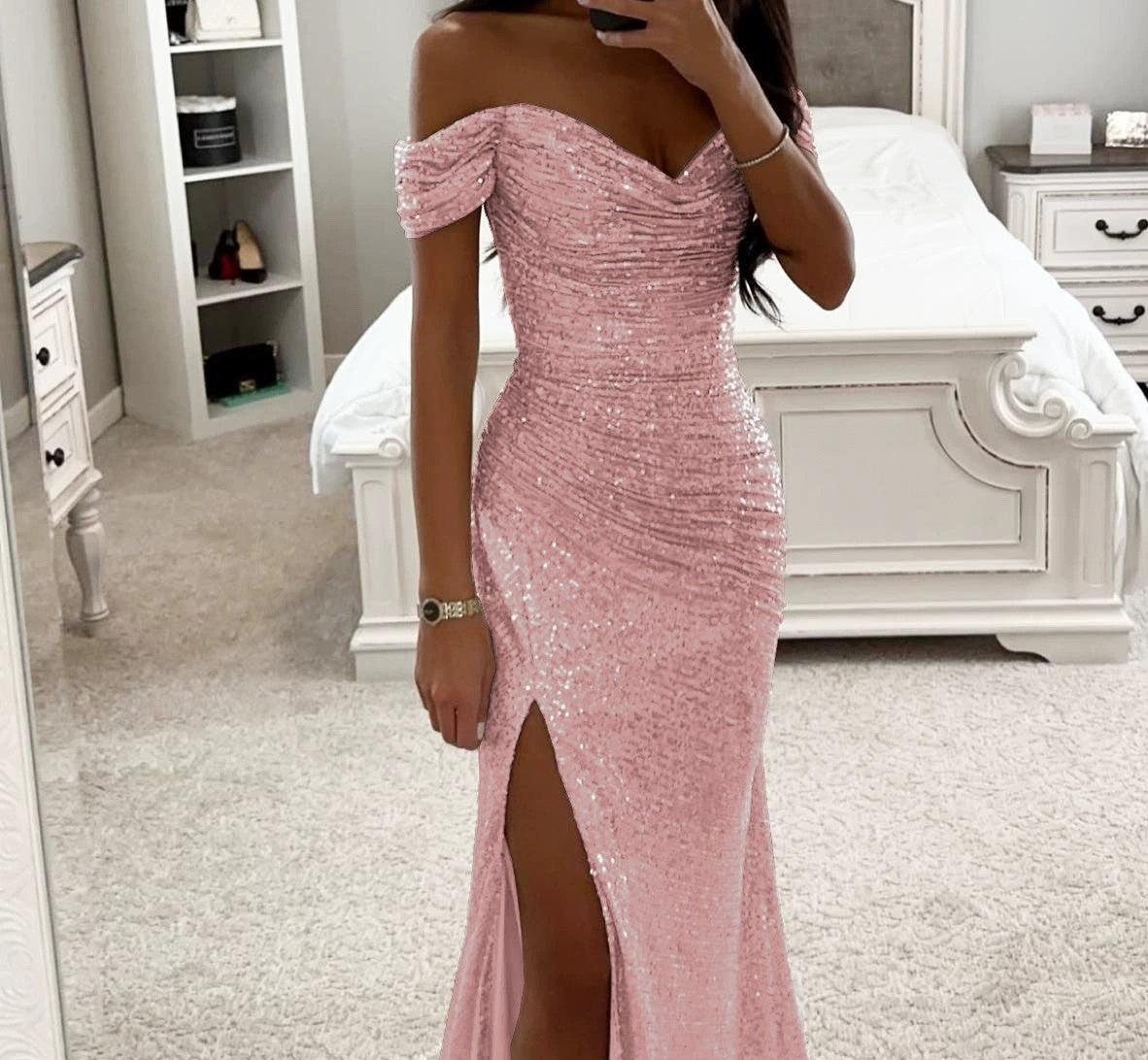 Party Sequins Off-neck Split Dress INS Casual Fashion Dress Women Charming Slimming Dress For Women - Zalixer