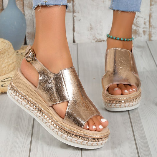 Summer Shiny Sandals Hollow Design Fish Mouth Sandal For Women Fashion Buckle Wedges Shoes - Zalixer