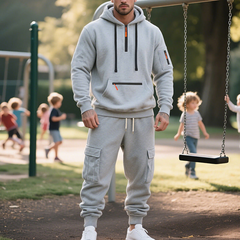 Men's Loose Sports And Leisure Suit Sweater Fleece-lined Hoodie Set Zipper Multi-Pocket Pullover Men's Sports Casual Top Two-piece Set - Zalixer