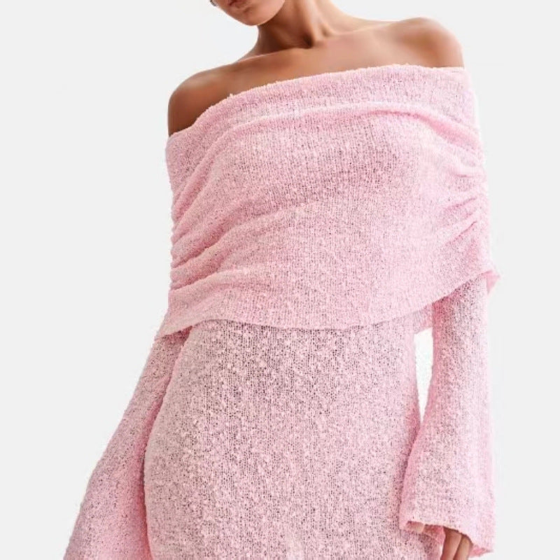 Women's Spring Summer Knitted Dress Elegant Party Boat Neck Dress Infant Off Shoulder Bodycon Long Sleeve Fuzzy Short Club Chic Mini Dress - Zalixer