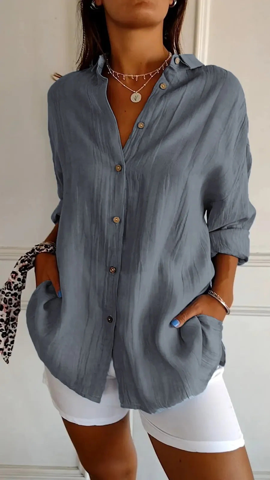 Lapel Long Sleeve Shirt Women's Single-breasted Pleated Shirt Tops Clothing - Zalixer