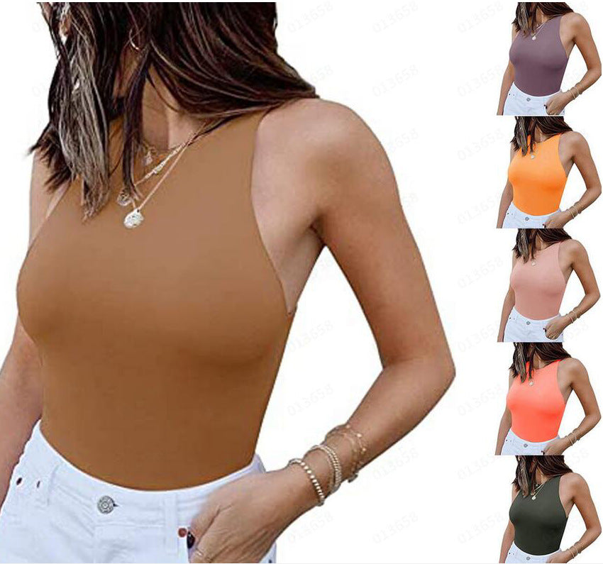 ReoRia Womens Sexy Sleeveless Racer Back Halter Neck Bodysuit Tank Tops - Zalixer