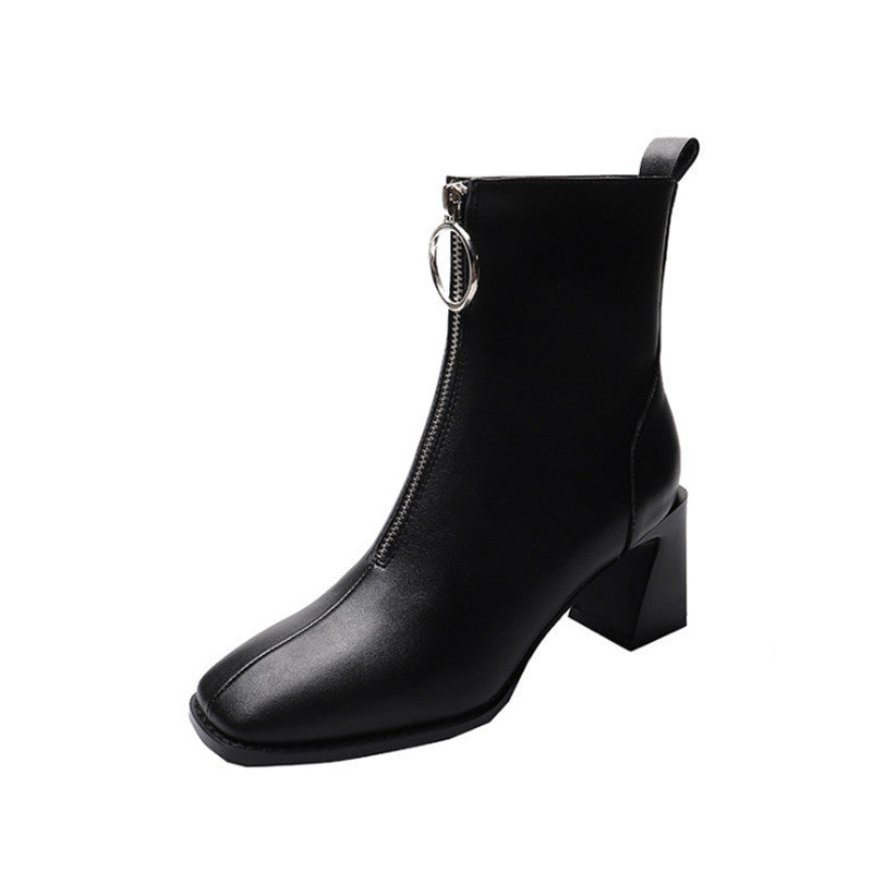 Womens Square-Toe Leather Chunky-Heel Boots In British Style - Zalixer