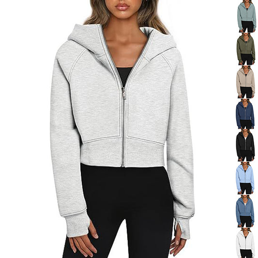 Casual Zippered Hooded Sweatshirt Fleece Sport Cardigan Fashion Hoodies Short Tops Womens Clothing - Zalixer