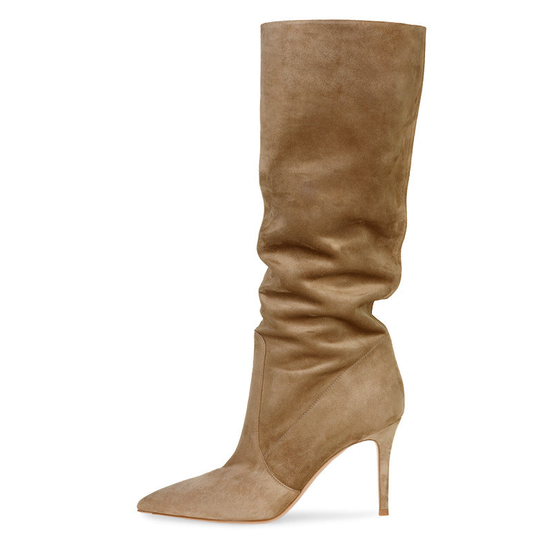 Pointed Suede Brown Stiletto Heel Fashion Mid Tube Knee Length Womens Boots - Zalixer