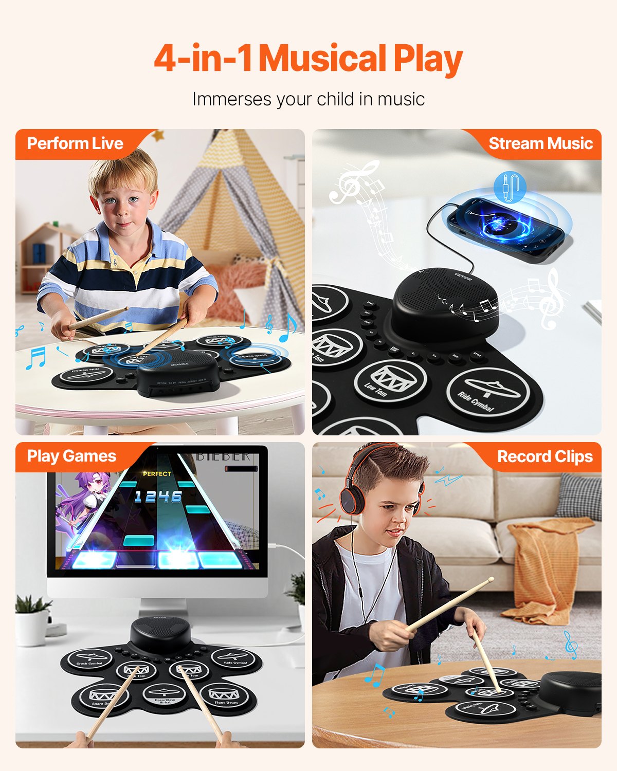 Electric Drum Set, 7 Pads, Roll-up Drum Practice Pad, Electronic Drumset With Headphone