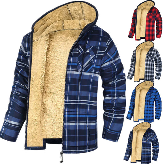 Men's Plaid Print Hooded Zip-Up Jacket Winter Thickened Cotton-padded Coat Warm Clothing