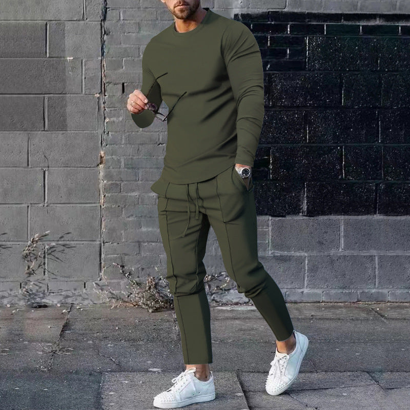 Men's Long-Sleeved Suit Slim Crew Neck Pullover T-shirt And Pockets Drawstring Pencil Pants Casual Trousers Set - Zalixer
