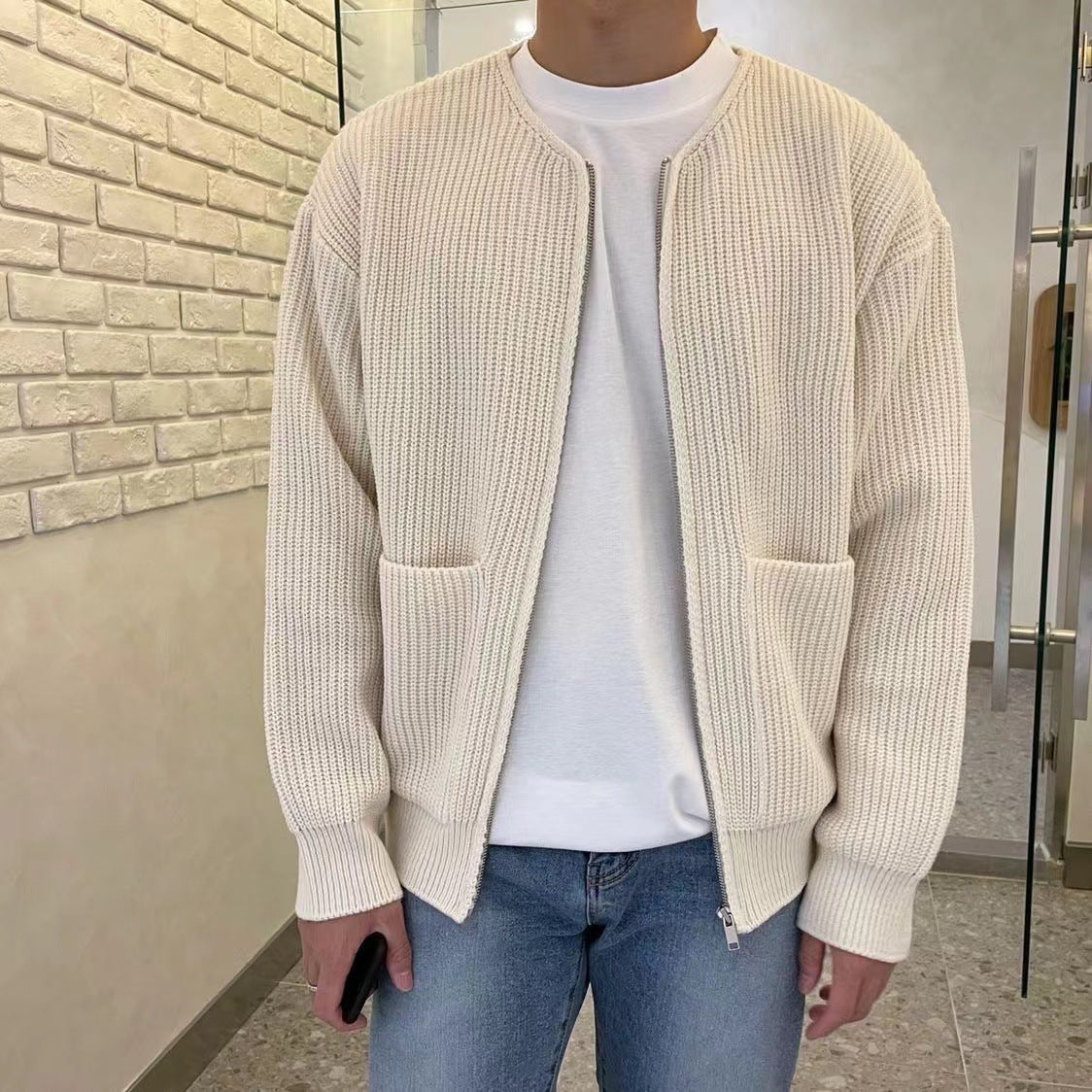 Men Zip Up Knitted Cardigan Lined Funnel Neck Jumper Sweater Pockets Coat All Seasons Comfortable Soft Long Sleeve - Zalixer