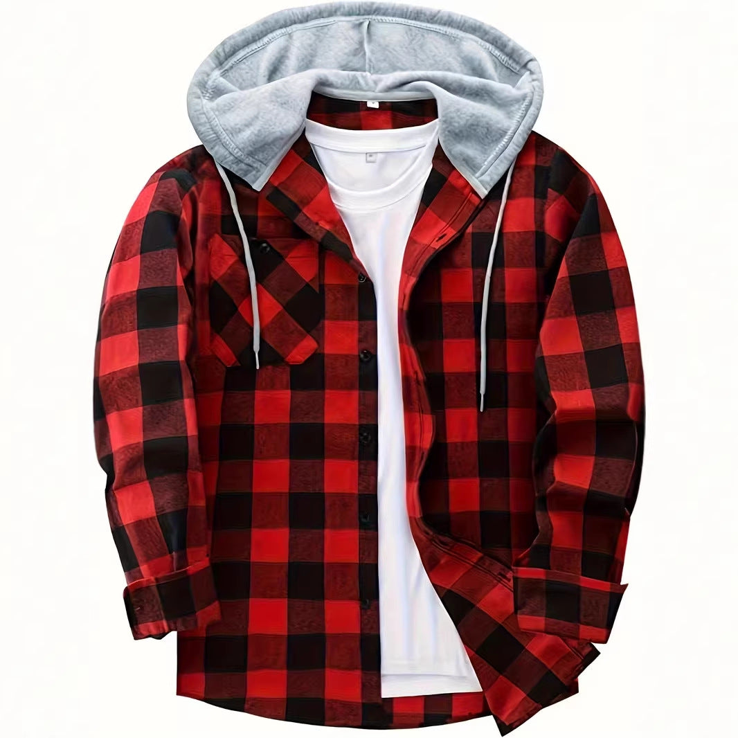 New Mens Long-sleeve Plaid Hoodie Shirt