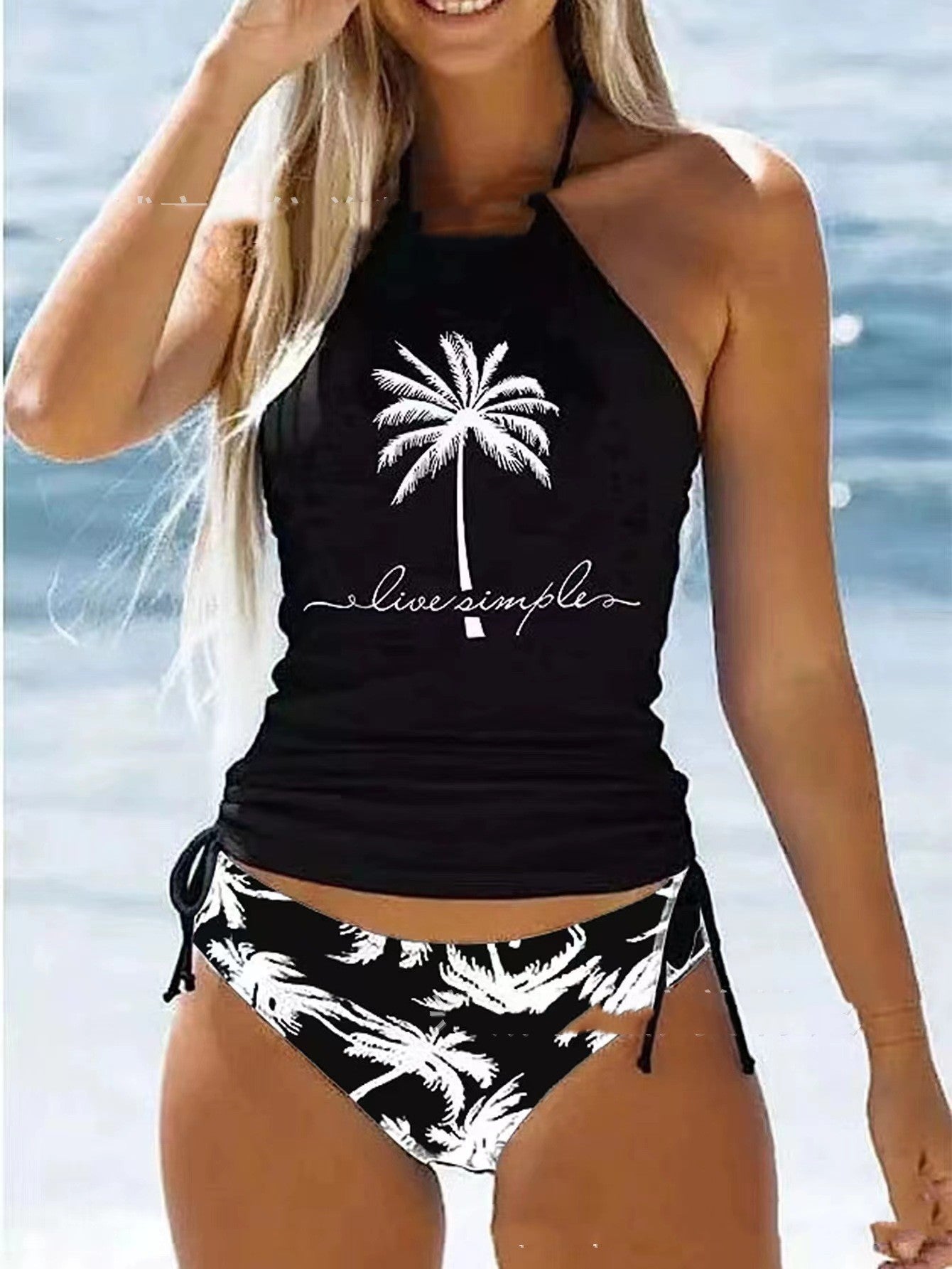 Coconut Tree Printed Conservative Women's Split Multi-color Swimsuit - Zalixer