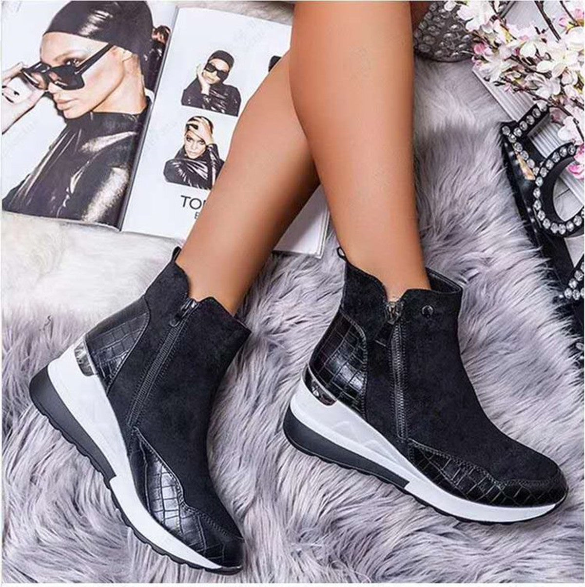 Womens Boots Shoes Wedge Suede Zipper Platform - Zalixer