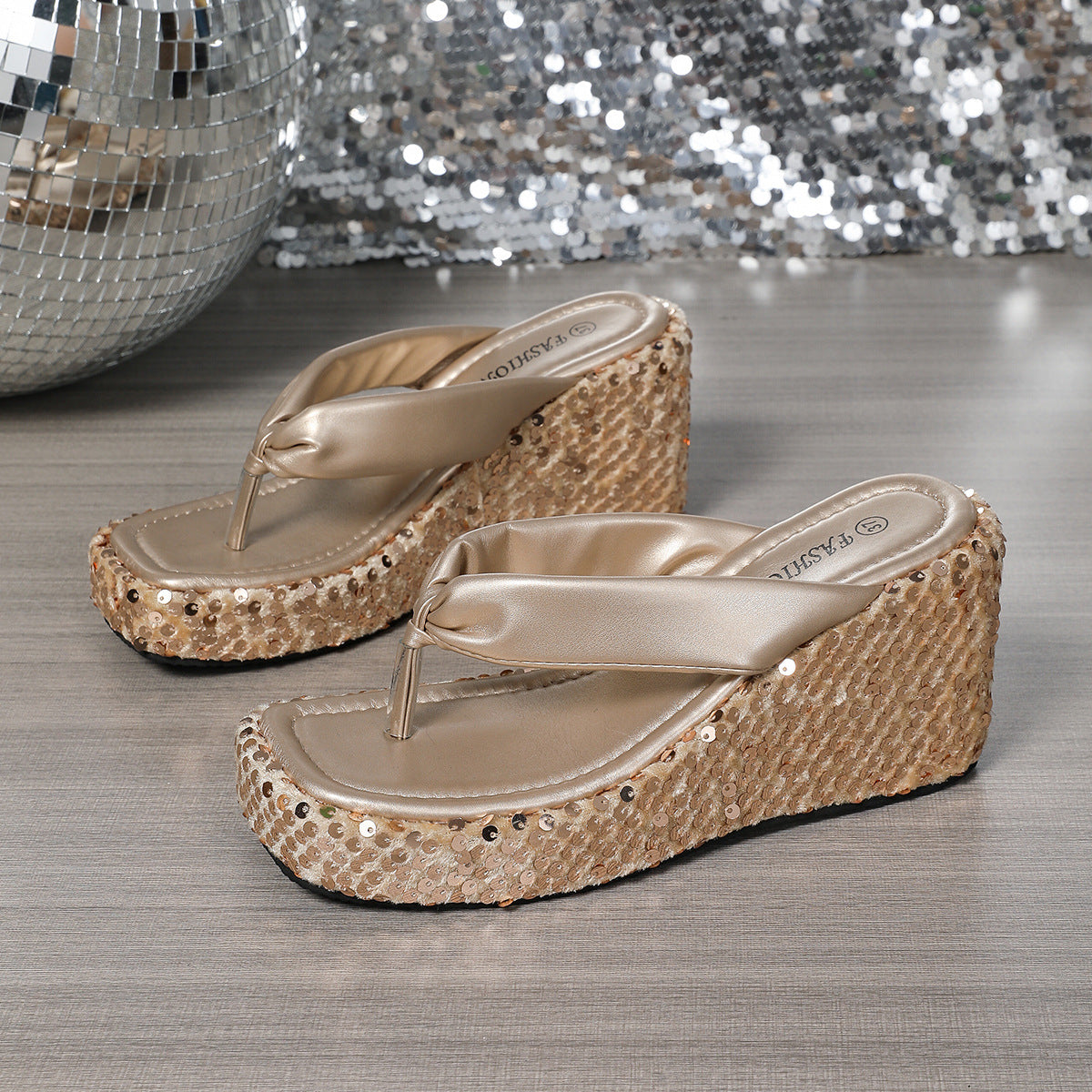 High Heels Wedge Sandals With Sequins Shiny Height Increasing Platform Flip Flops Women's Thick Bottom Shoes Beach Summer - Zalixer