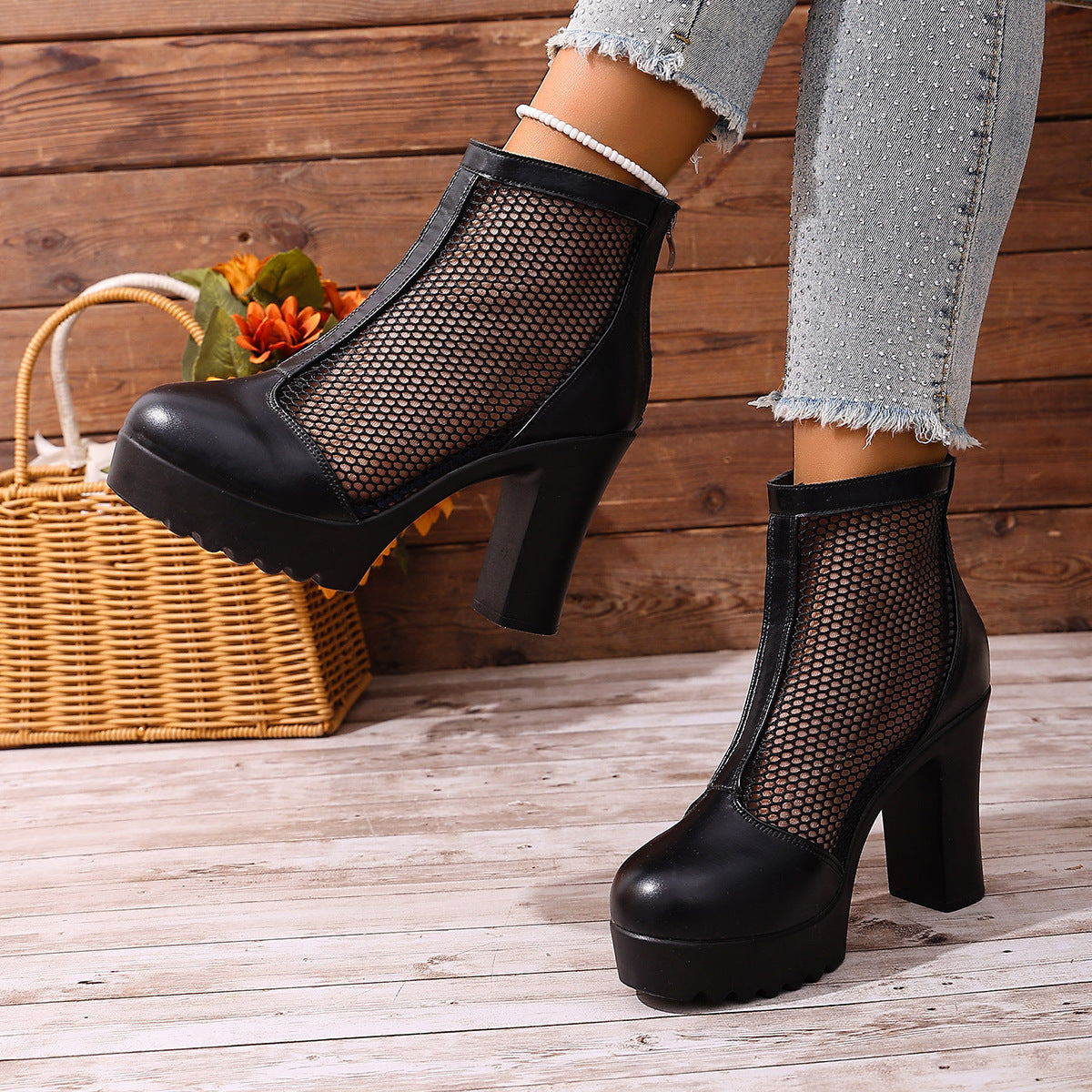 Womens Mesh Chunky Heel Fashion Ankle Boots With Back Zip - Zalixer