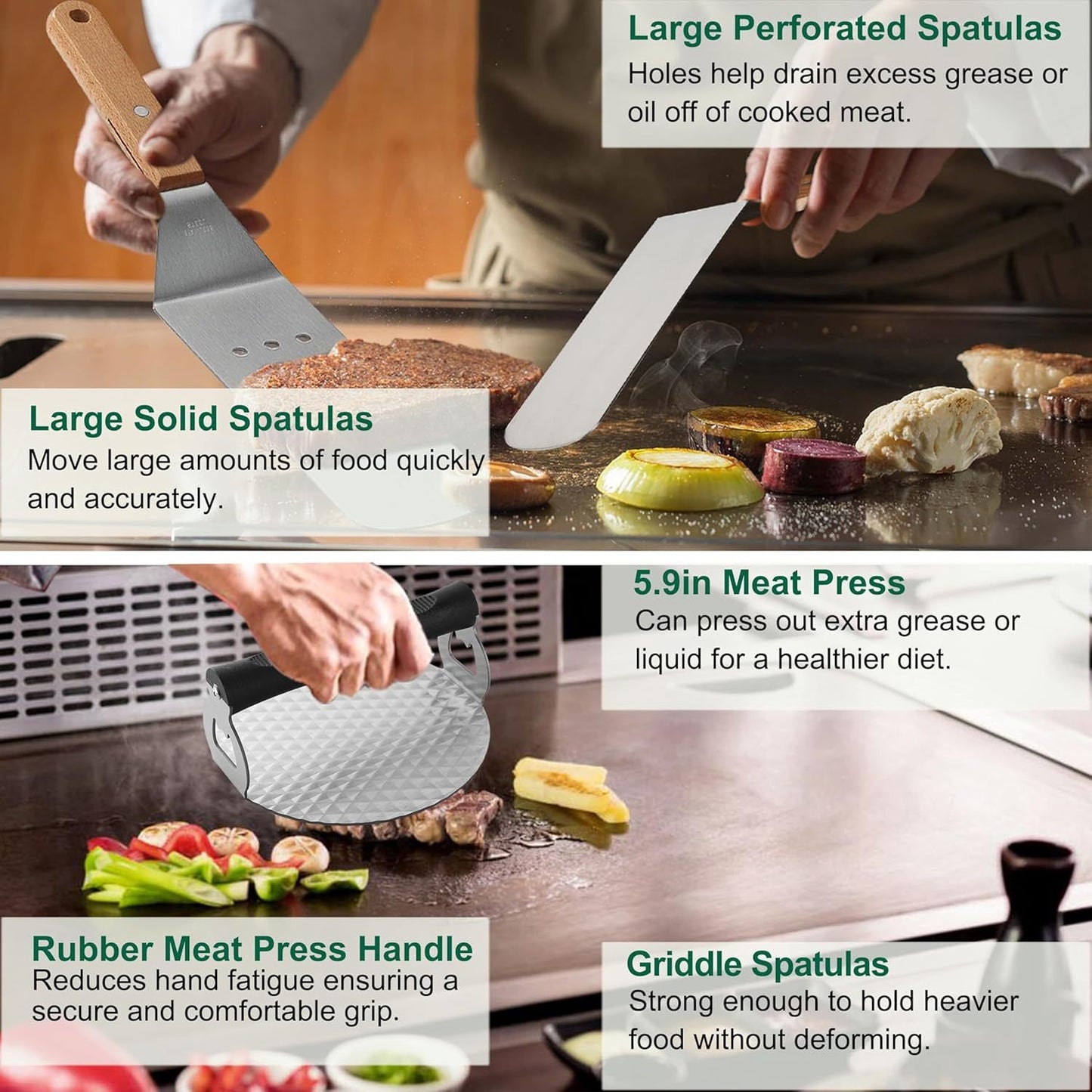 Grilljoy Griddle Accessories Set With Robust Plastic Handle, All-in-One Griddle Tools Kit For Flat Top Grills Teppanyaki Hibachi, Stainless Steel Grill Spatula Kit For Outdoor Camping Grilling