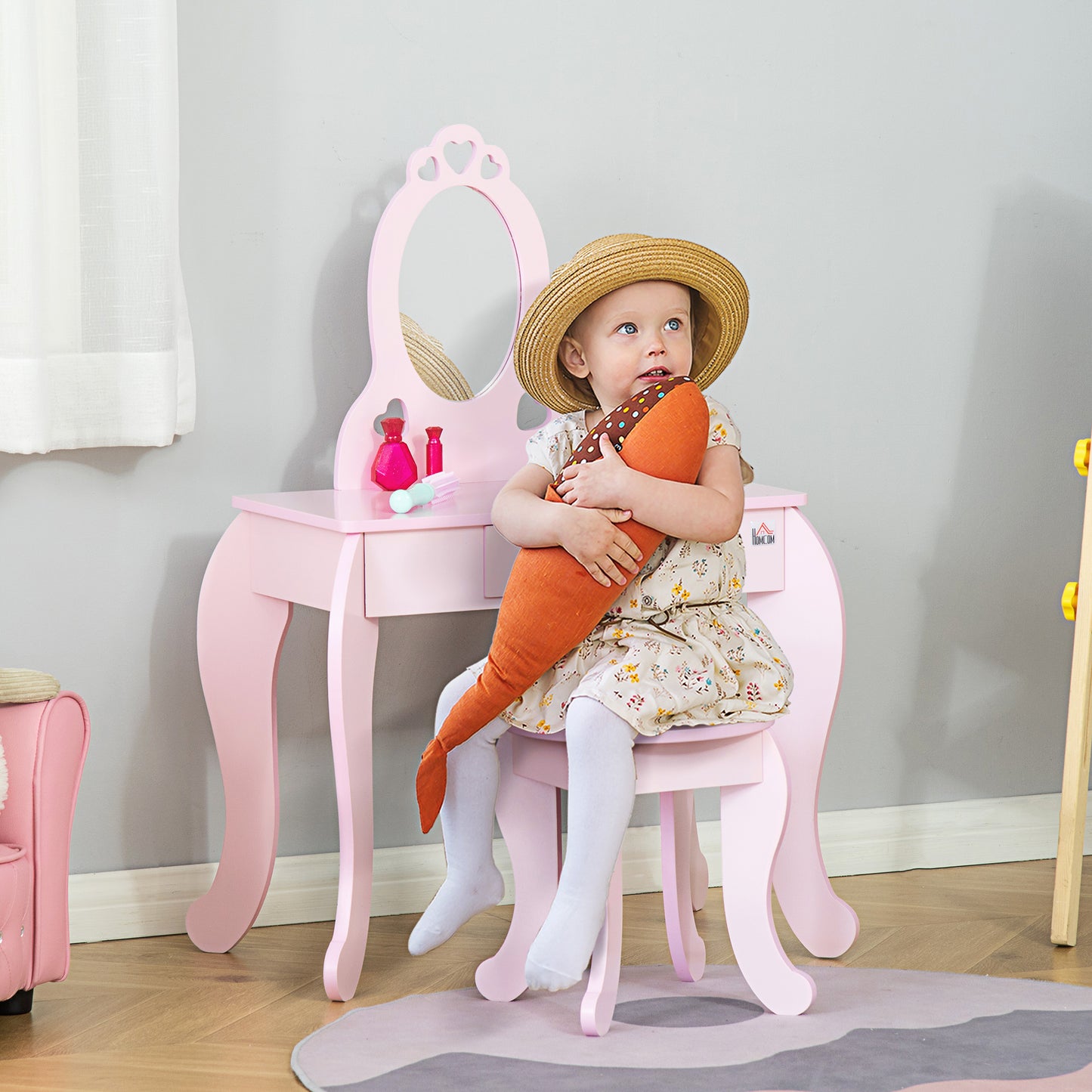 Kids Vanity Table & Stool Girls Dressing Set Make Up Desk Chair Dresser Play Set With Mirror Pink - Zalixer