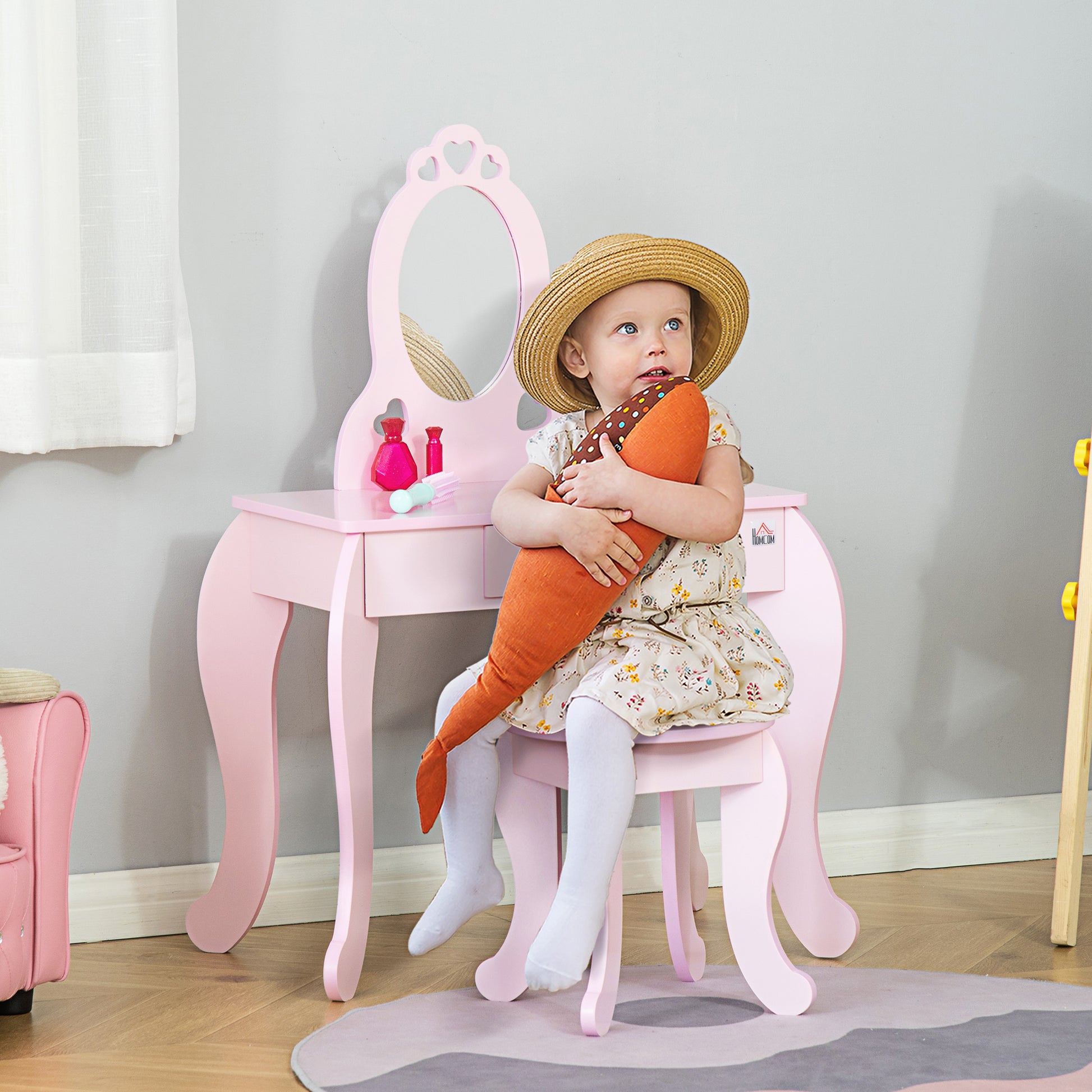 Kids Vanity Table & Stool Girls Dressing Set Make Up Desk Chair Dresser Play Set With Mirror Pink - Zalixer
