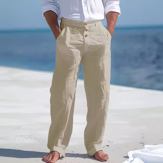 Front Pocket Straight Pure Color Comfort Breathable Men's Linen Pants Trousers