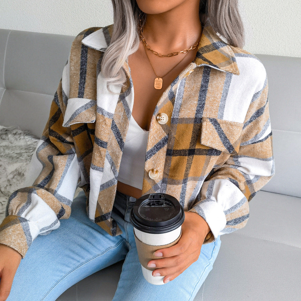 Plaid Lapel Cropped Jacket Fashion Loose Button Long Sleeve Short Outwear Tops Coat For Womens Clothing - Zalixer