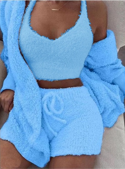 3pcs Womens Clothing Long Sleeve Crop Tank Top And Drawstring Shorts Pajama Set - Zalixer