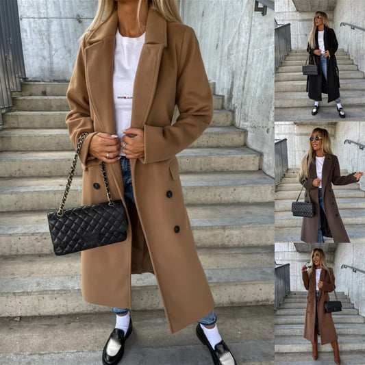 Double-breasted Lapel Split Jacket With Belt Winter Fashion Casual Long Sleeve Button Daily Coats For Women Clothing - Zalixer