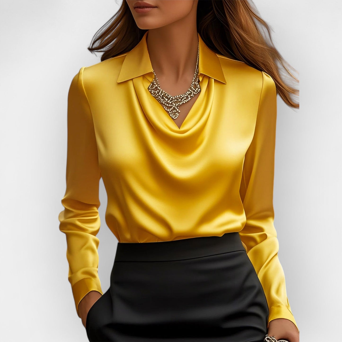 Women's Swing Collar Draped Shirts & Blouses Elegant Solid Satin Office Ladies Top Pullover Spring Long Sleeve Casual Tops - Zalixer