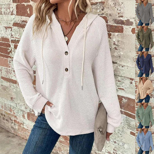 Waffle Hooded Sweater Sweatshirt Fashion Casual Long-sleeved Drawstring V-neck Buttons Top Women's Clothing - Zalixer