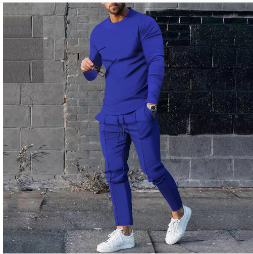Men's Long-Sleeved Suit Slim Crew Neck Pullover T-shirt And Pockets Drawstring Pencil Pants Casual Trousers Set - Zalixer