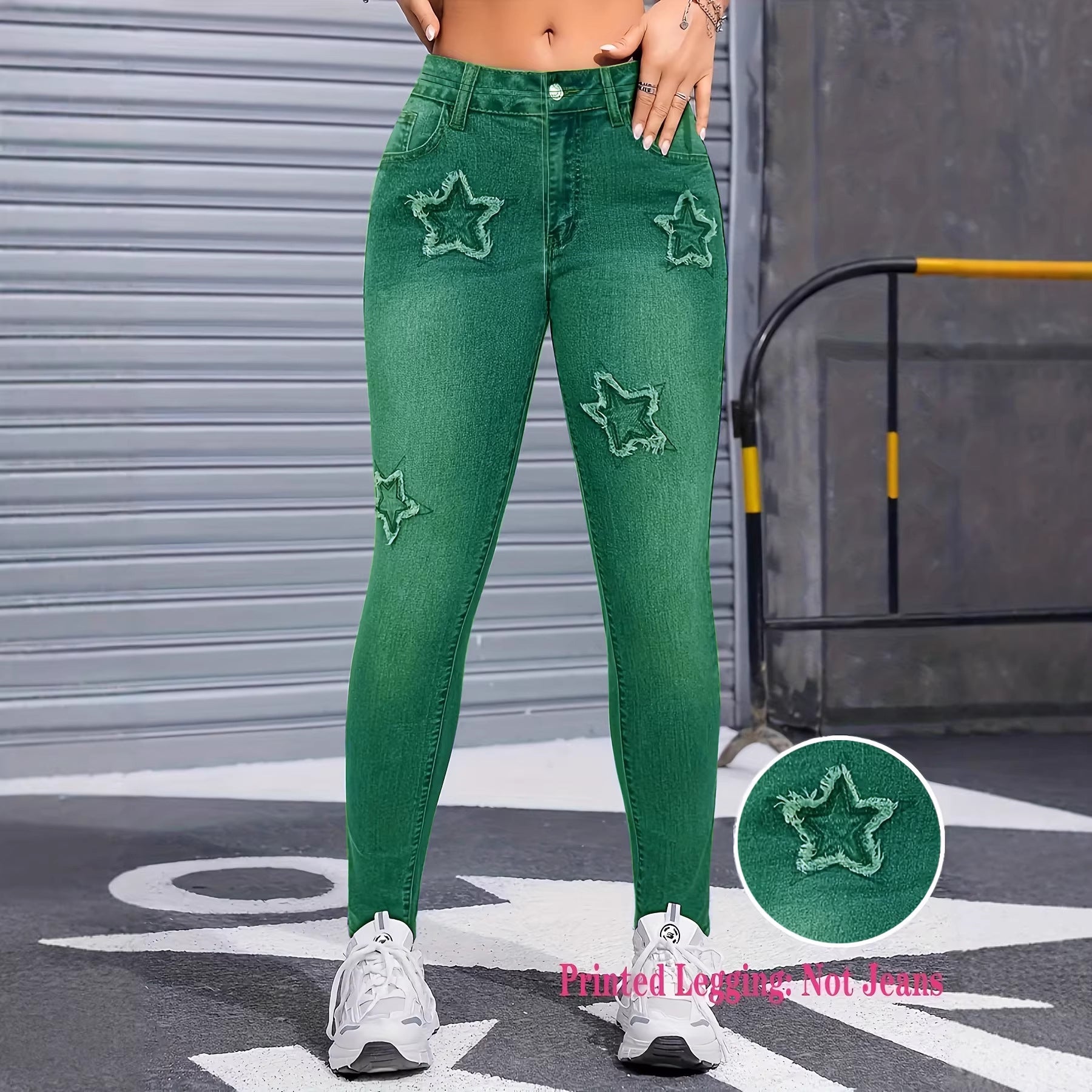 Womens Denim-Style Star Pants  Bootcut Leggings - Zalixer