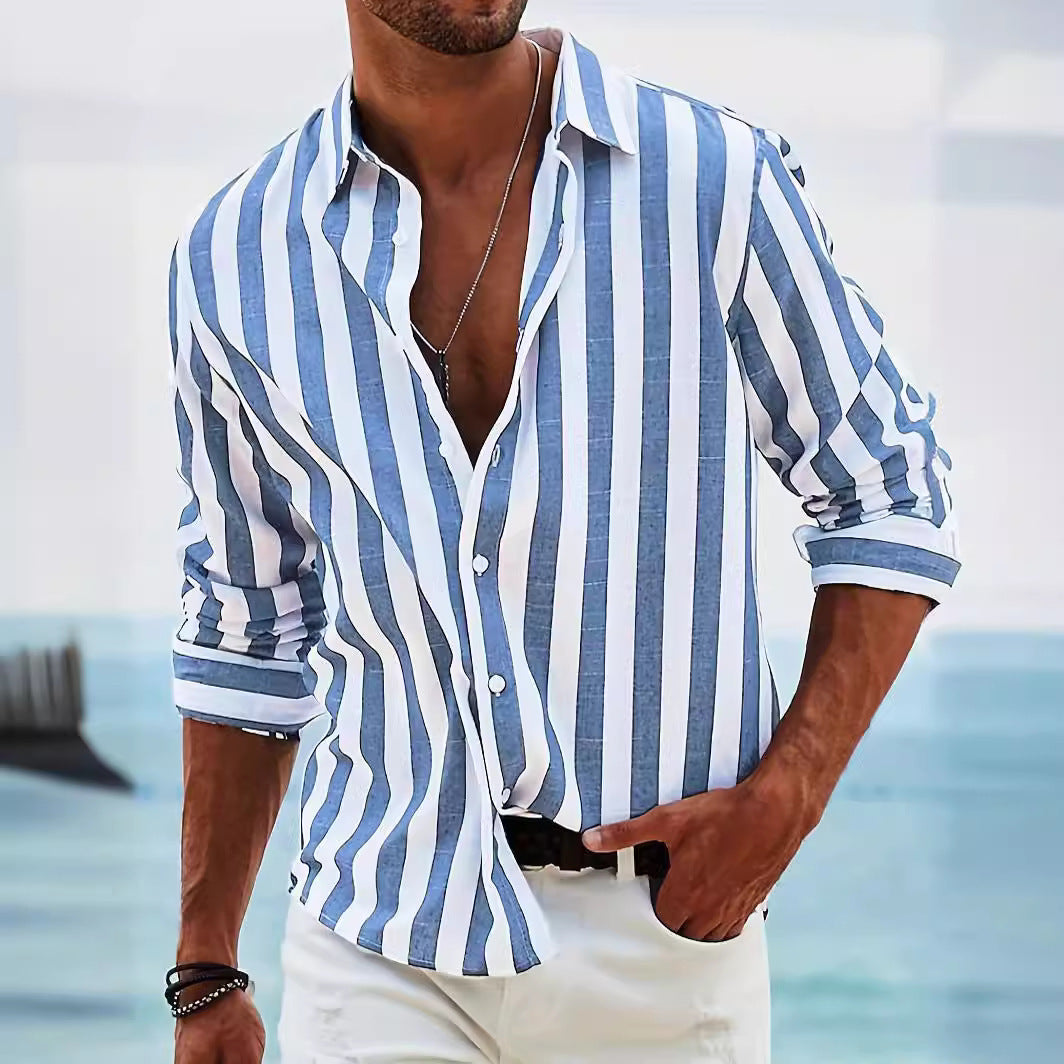 Men's Striped Print Casual Loose Long-Sleeved Shirt - Zalixer