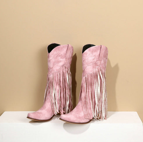 Womens Retro Mid-Calf Chunky Heel Round-Toe Boots - Zalixer