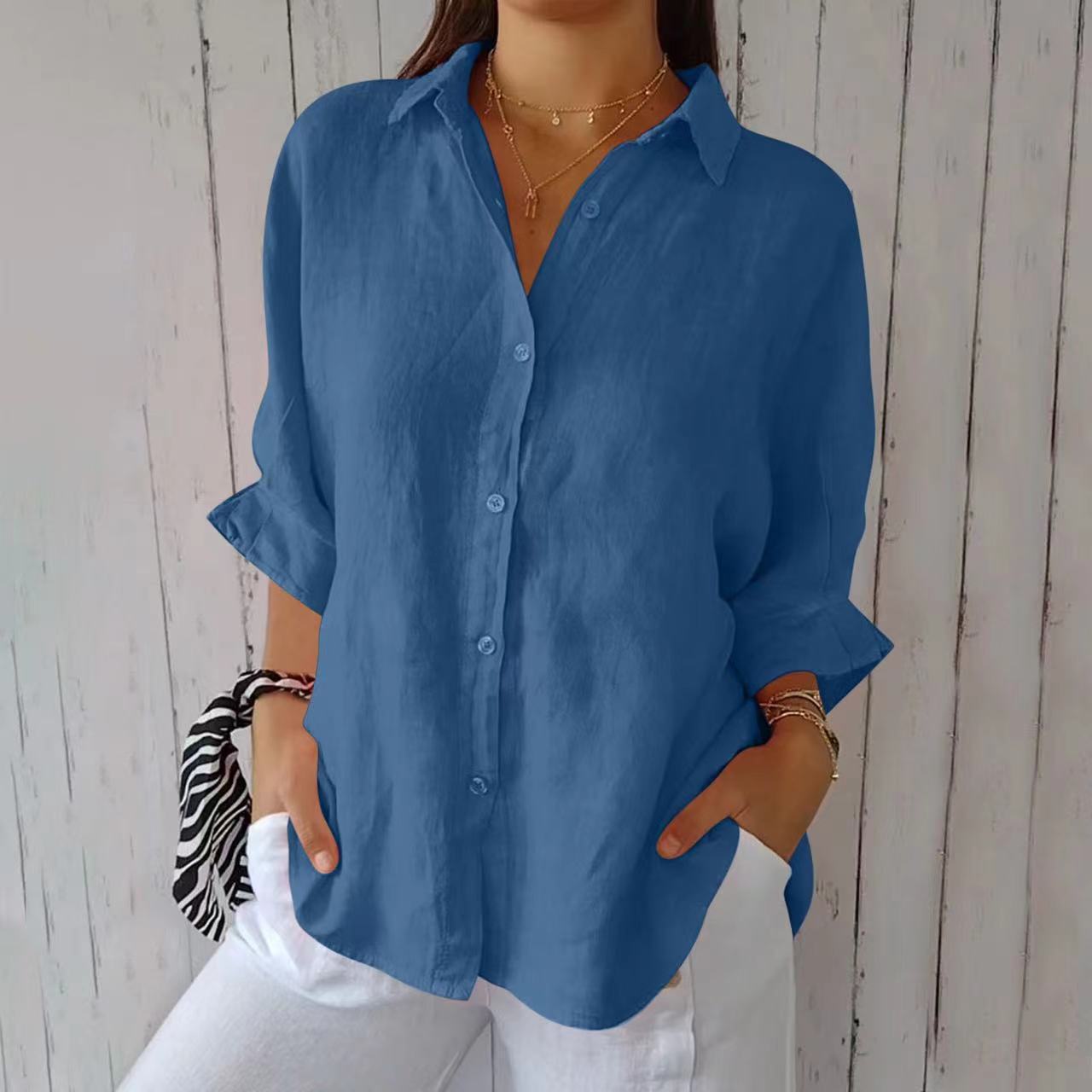 Lapel Long Sleeve Shirt Women's Single-breasted Pleated Shirt Tops Clothing - Zalixer