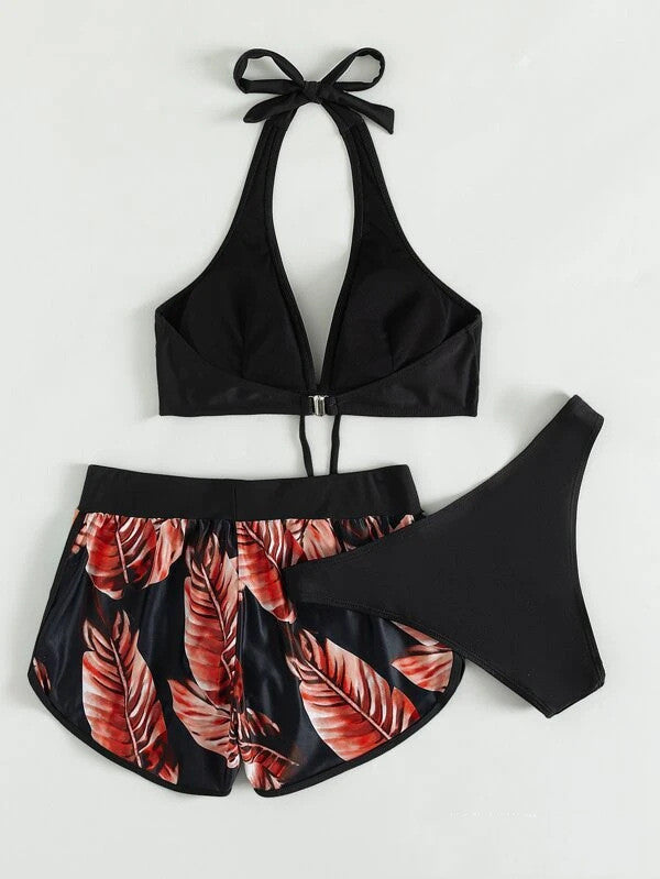 3pcs Leaf Print Bikini With Shorts Fashion Summer Beach Swimsuit Womens Clothing - Zalixer