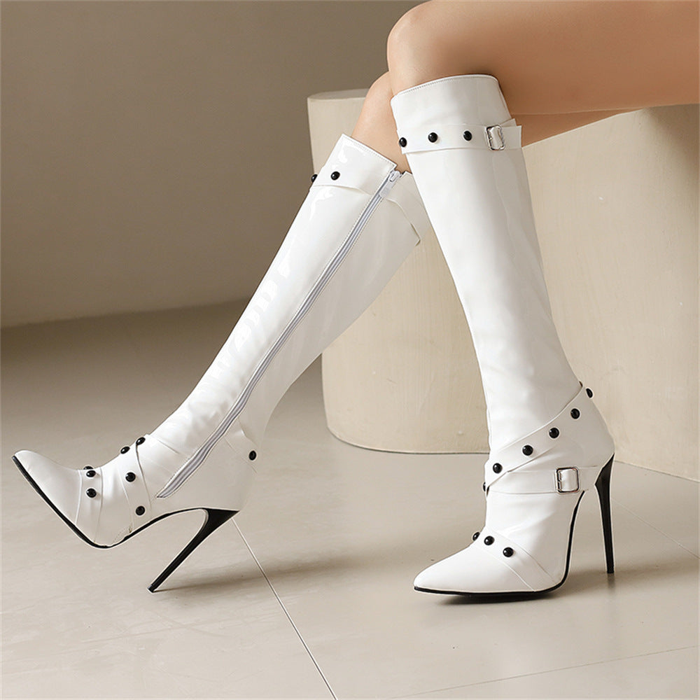 Womens Stiletto Heel Rivet Long Boots - Zalixer