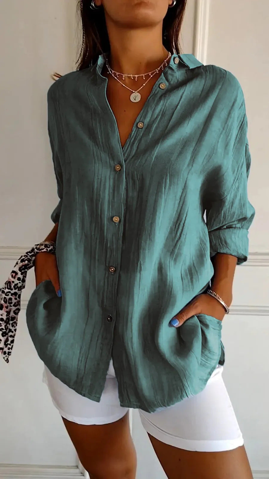 Lapel Long Sleeve Shirt Women's Single-breasted Pleated Shirt Tops Clothing - Zalixer