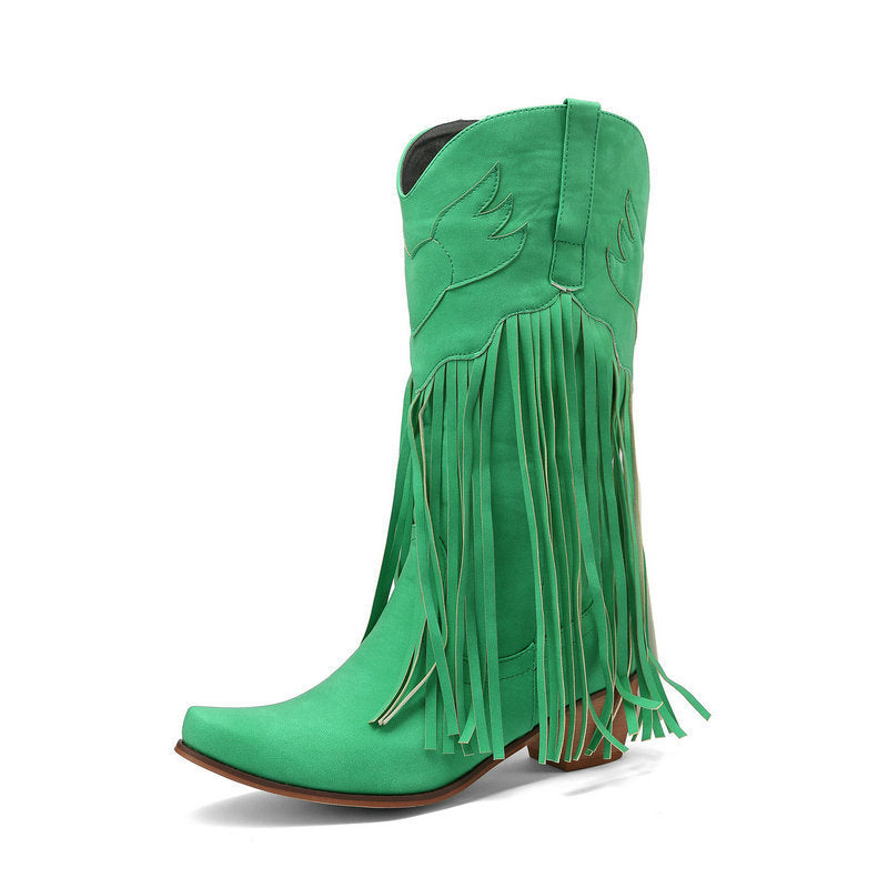 Womens Retro Mid-Calf Chunky Heel Round-Toe Boots - Zalixer