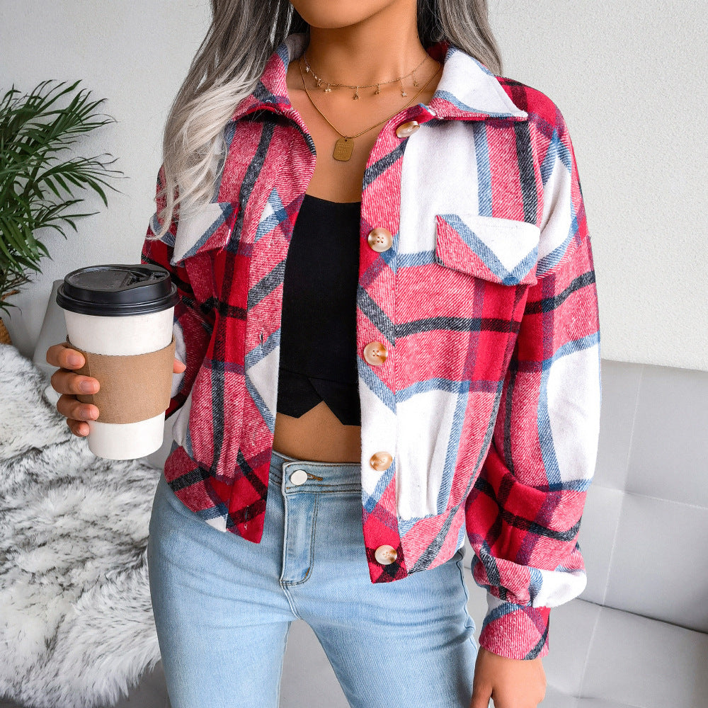 Plaid Lapel Cropped Jacket Fashion Loose Button Long Sleeve Short Outwear Tops Coat For Womens Clothing - Zalixer
