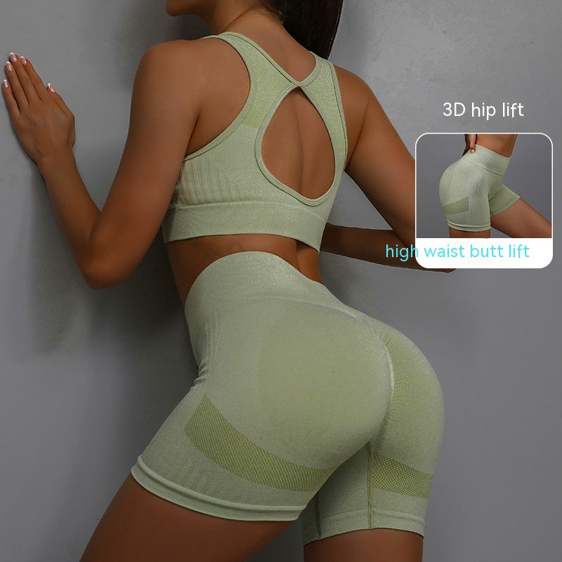 2pcs Sports Fitness Yoga Suit Breathable Hip-lifting Shorts And Hollow Out Back Bra Womens Clothing - Zalixer