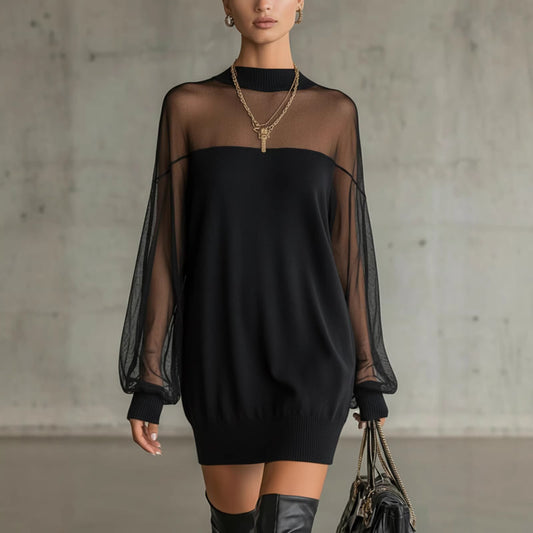 Womens European And American-style Springautumn Mesh Patchwork Mini Skirt O Neck Long Sleeve Pullover Party Dresses - Zalixer