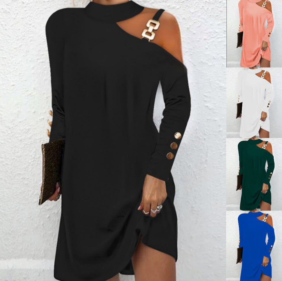 Fashion Women Solid Casual Dress Female Elegant Long Sleeve Metal Buckle Halter Neck Casual Mini Dress - Zalixer