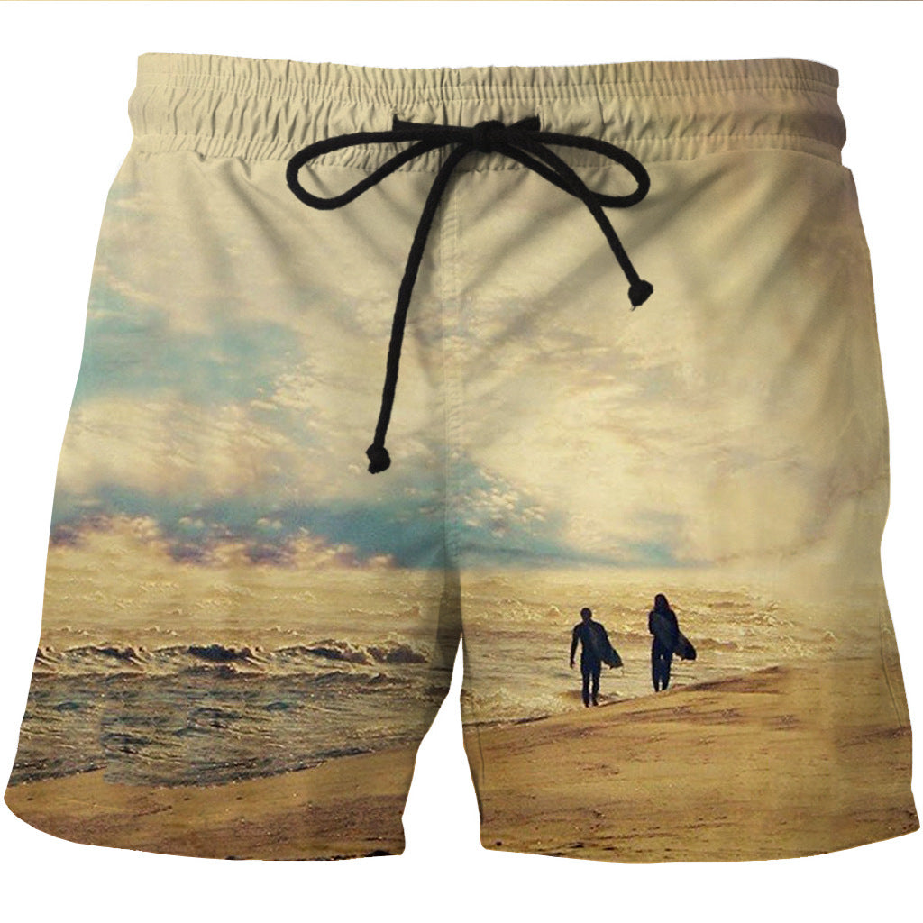 Men's quick-drying beach shorts hemp print casual section pocket shorts - Zalixer