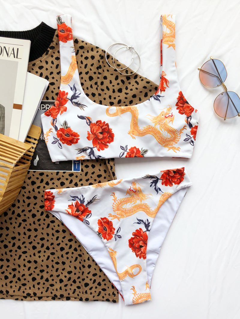 Bikini Print Swimsuit Thin Belt Briefs - Zalixer