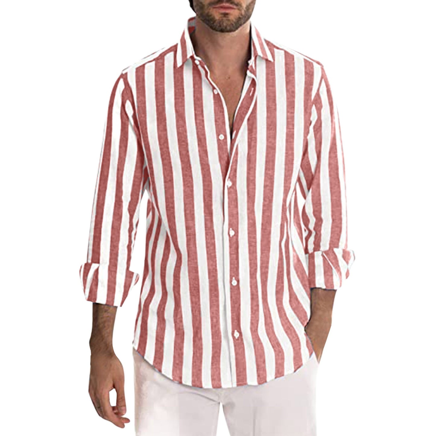 Men's Striped Print Casual Loose Long-Sleeved Shirt - Zalixer