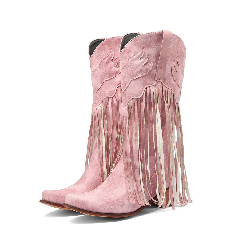 Womens Retro Mid-Calf Chunky Heel Round-Toe Boots - Zalixer