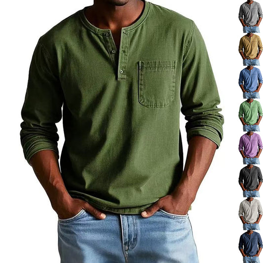 V-neck Long-Sleeved T-Shirt With Button Design Fashion Casual Solid Color Pullover Top