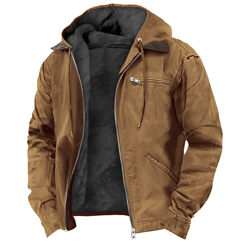 Winter Hooded Coat With Pockets Warm Fleece Men's Casual Outerwear Zip-up Jacket