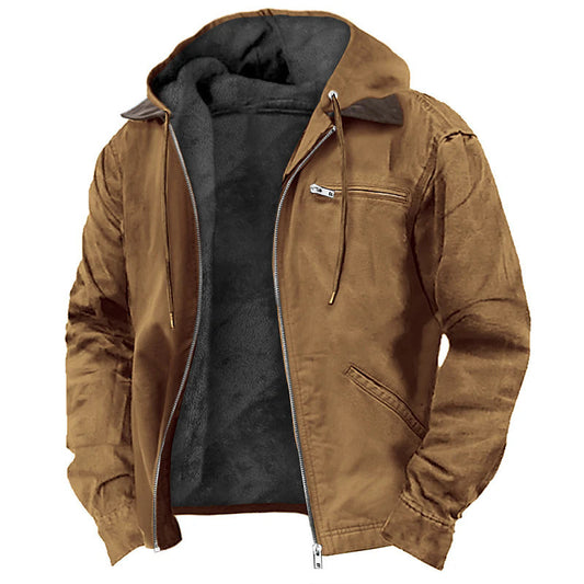 Winter Hooded Coat With Pockets Warm Fleece Men's Casual Outerwear Zip-up Jacket