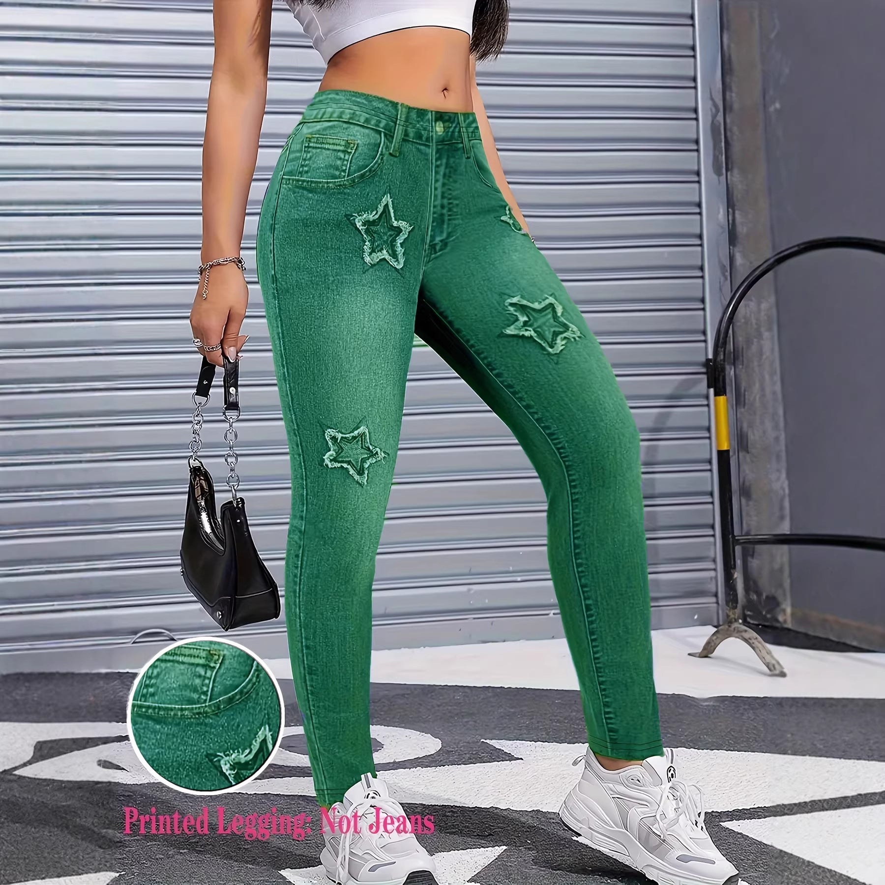 Womens Denim-Style Star Pants  Bootcut Leggings - Zalixer