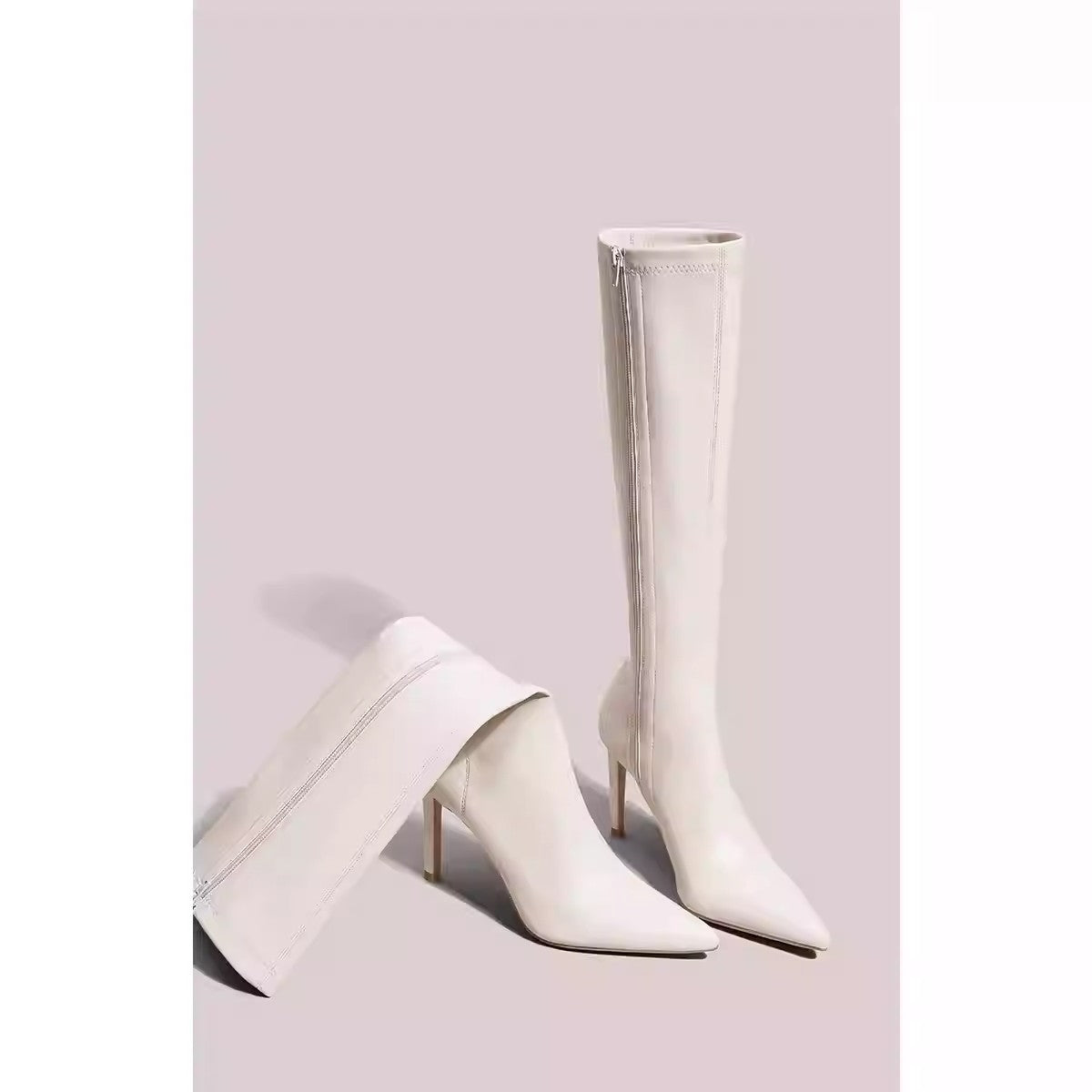 Womens Solid Color Casual White Pointedtoe Overtheknee Boots - Zalixer